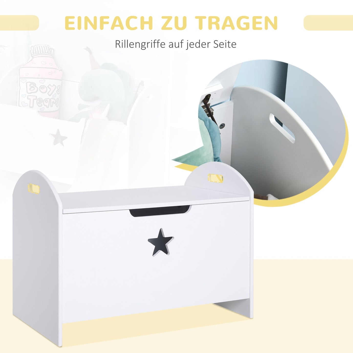 Storage box for children's toys, white MDF, safety hinge