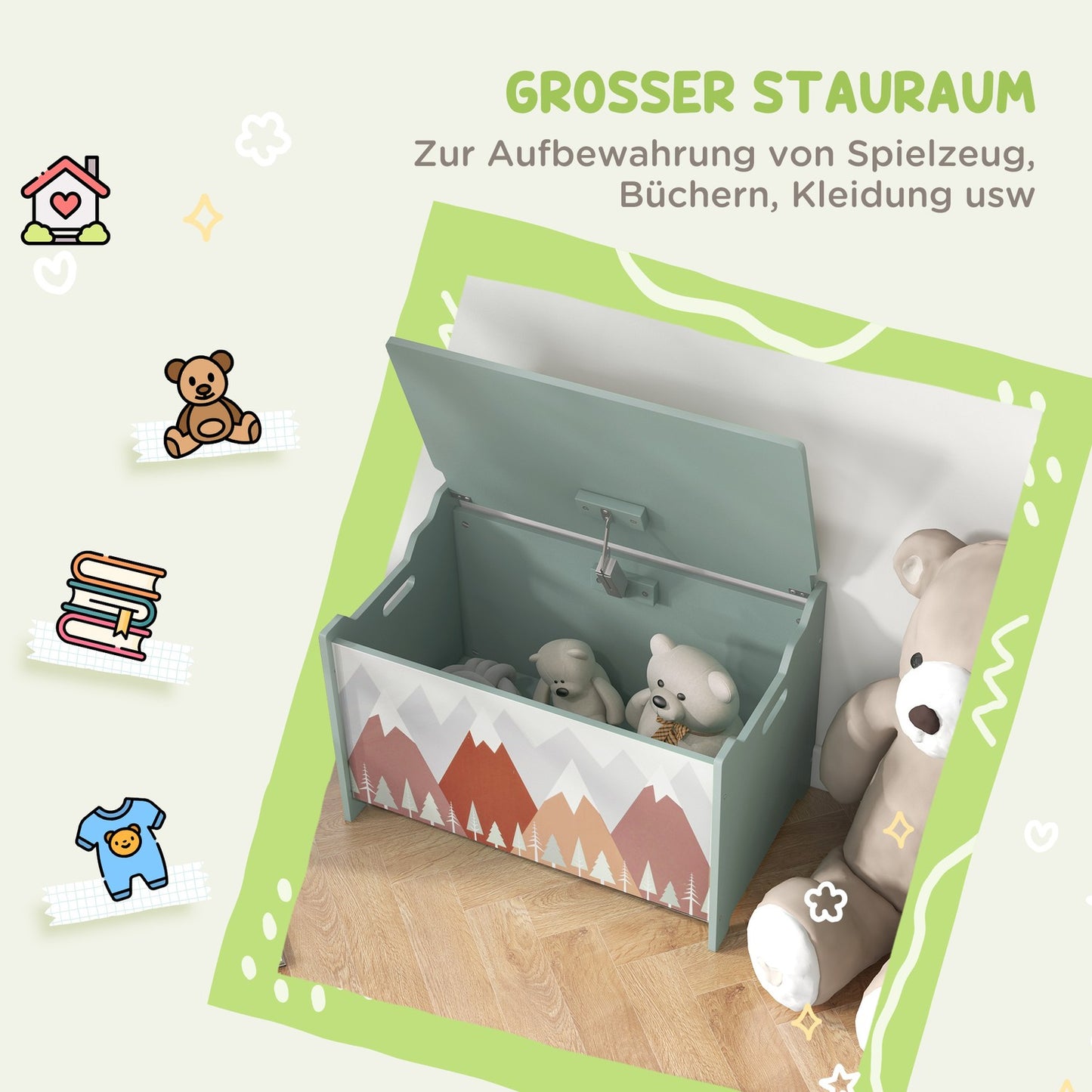 Toy box with lid - cute animal design, green, secure hinges