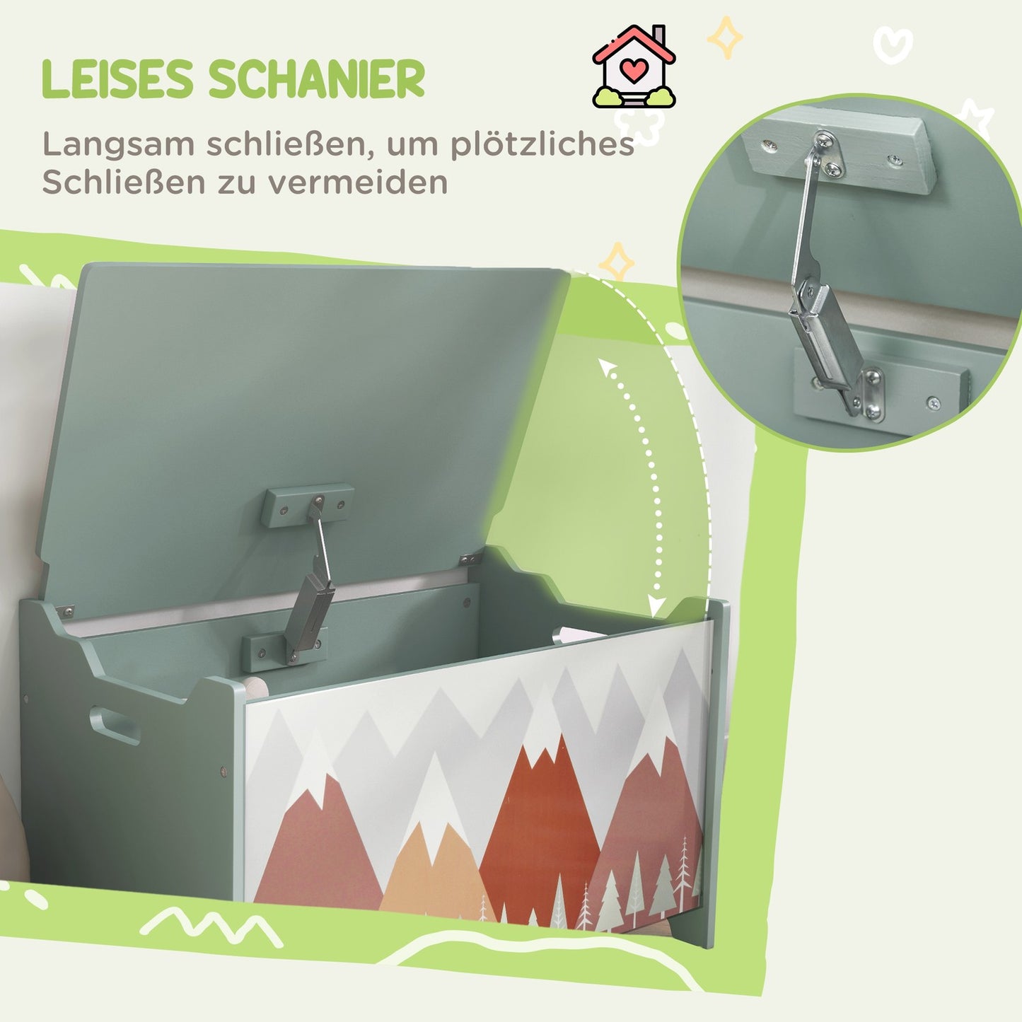 Toy box with lid - cute animal design, green, secure hinges