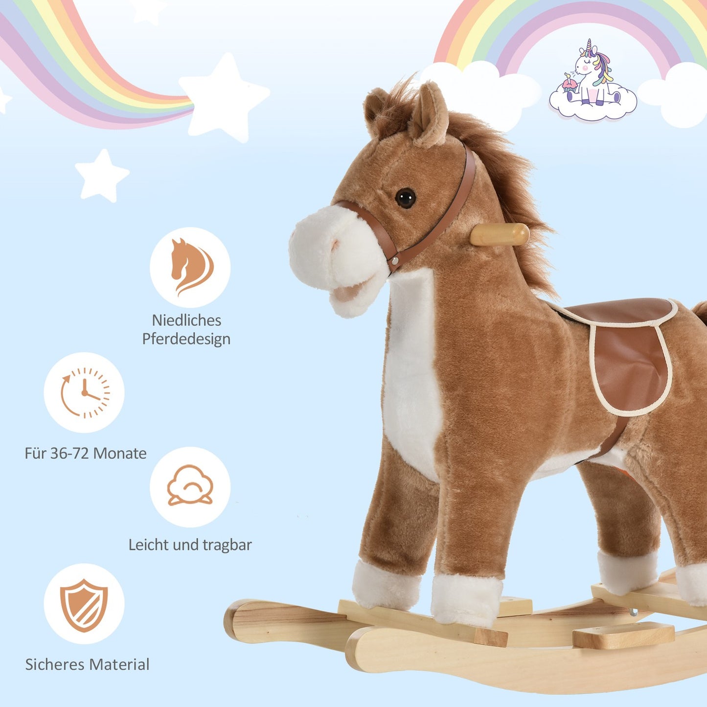 Plush rocking horse with sound, handle for ages 3-6