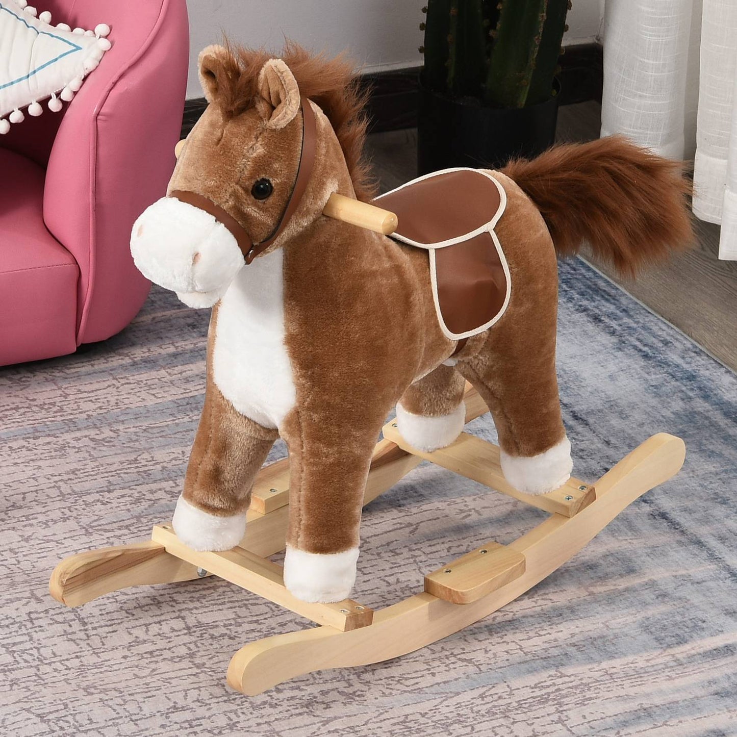 Plush rocking horse with sound, handle for ages 3-6