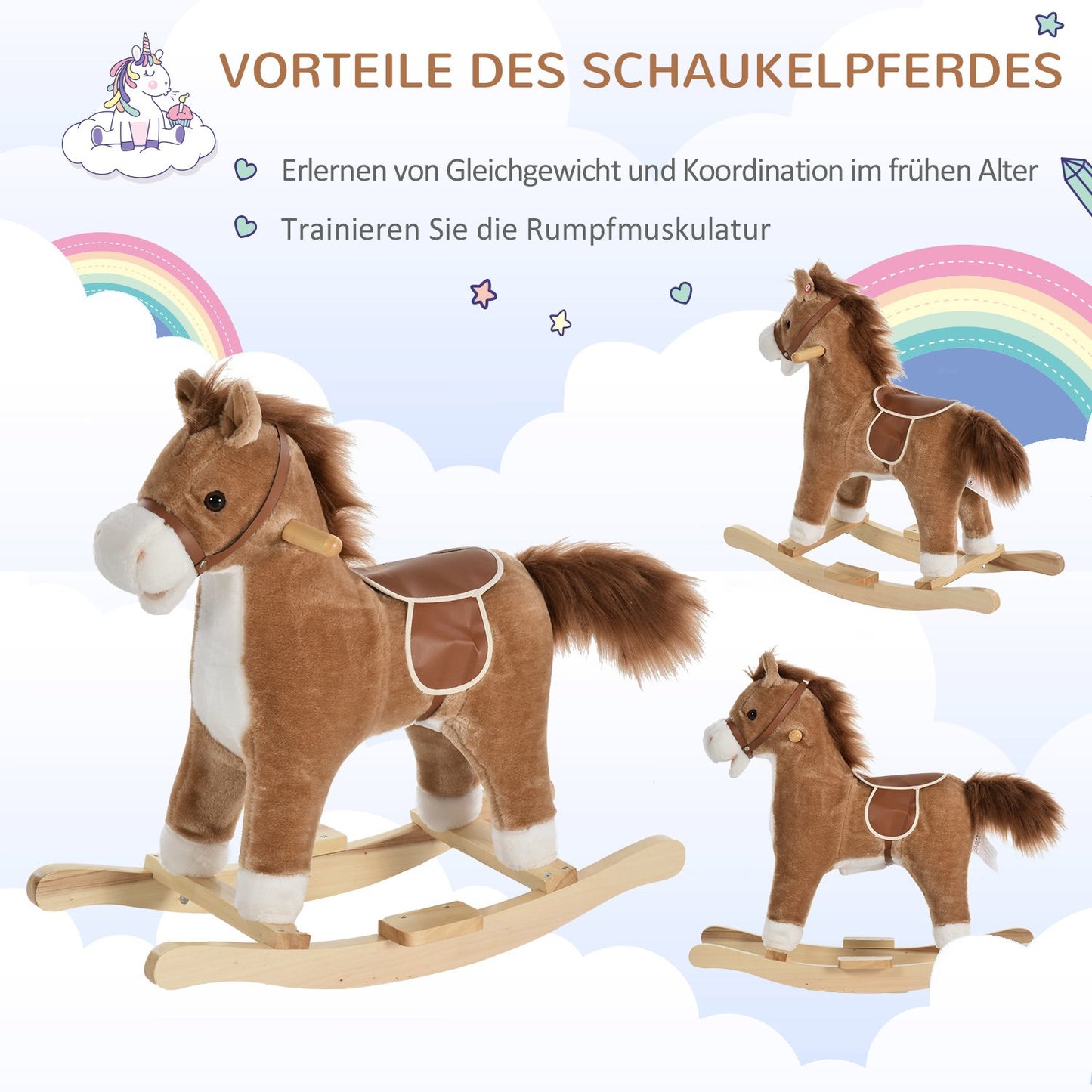 Plush rocking horse with sound, handle for ages 3-6
