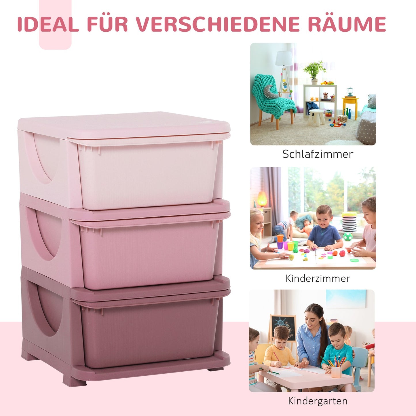 Children's 3-Tier Toy Storage Drawer Cabinet - Pink