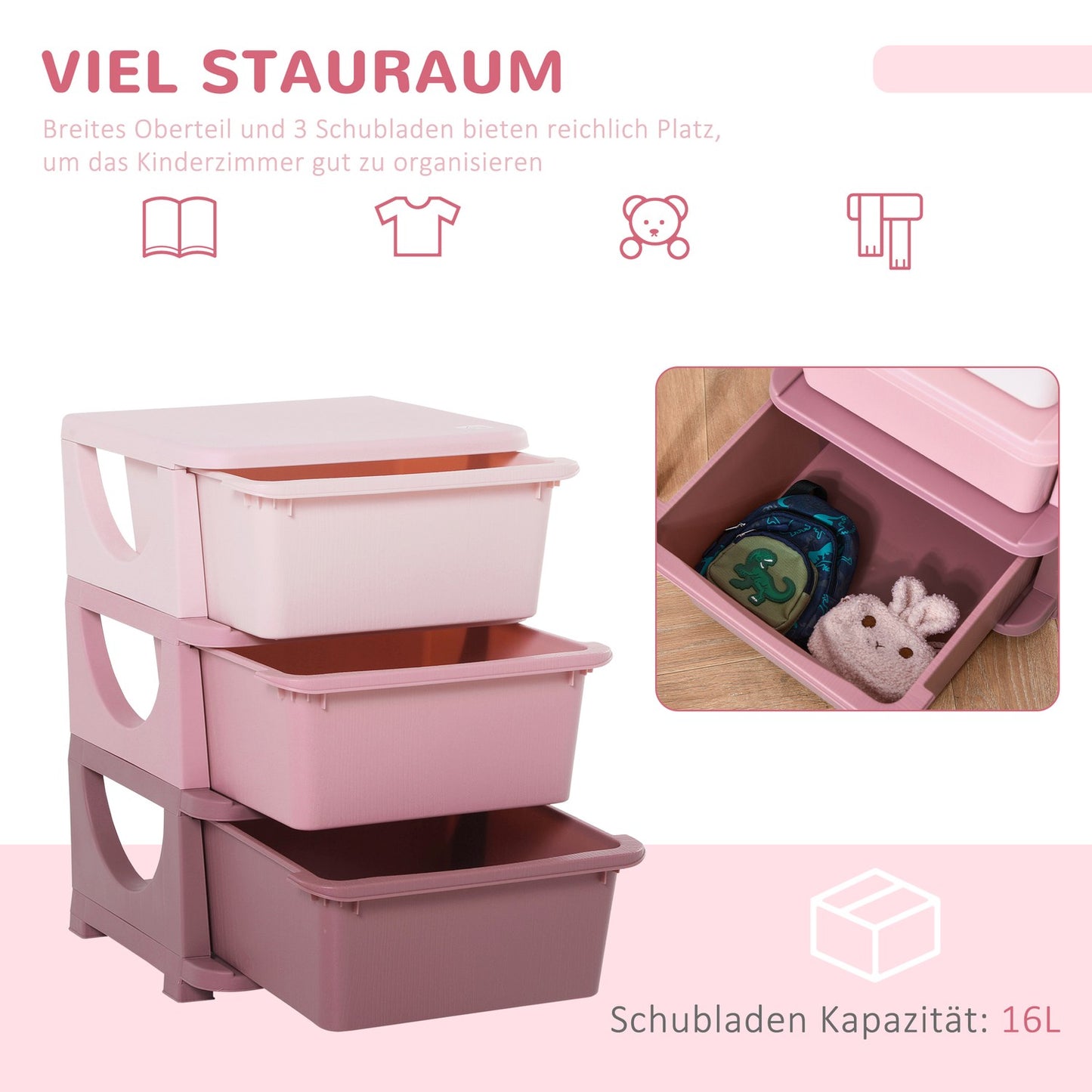 Children's 3-Tier Toy Storage Drawer Cabinet - Pink