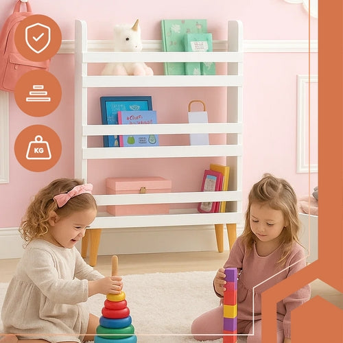 Toy Storage Bookshelf – 4-Tier, White Wood