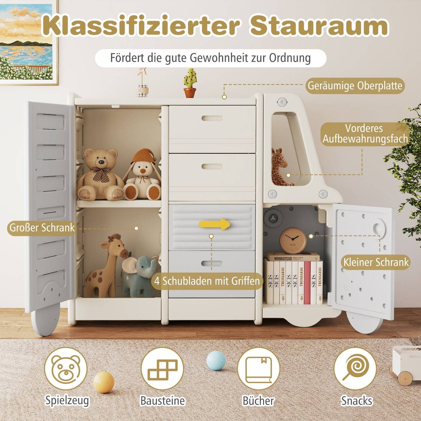 Toy Storage Shelf with Whiteboard, Bus Design, 4 Drawers