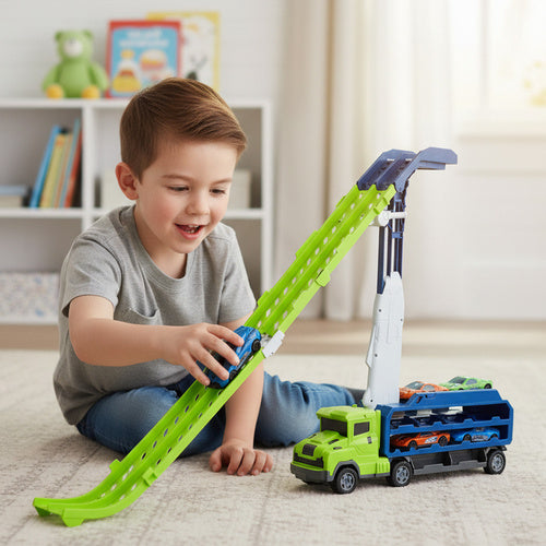 Toy Truck with Slide and 6 Metal Cars Set