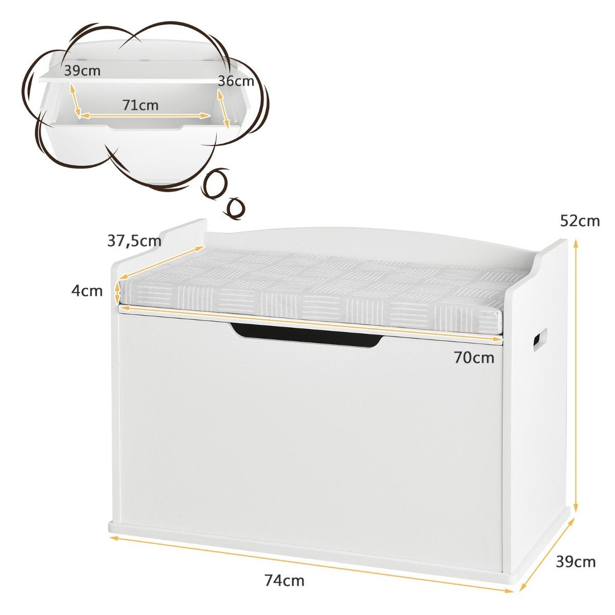 Toy box with lid 2 in 1 toy chest with cushion toy cabinet 74 x 39 x 52 cm white