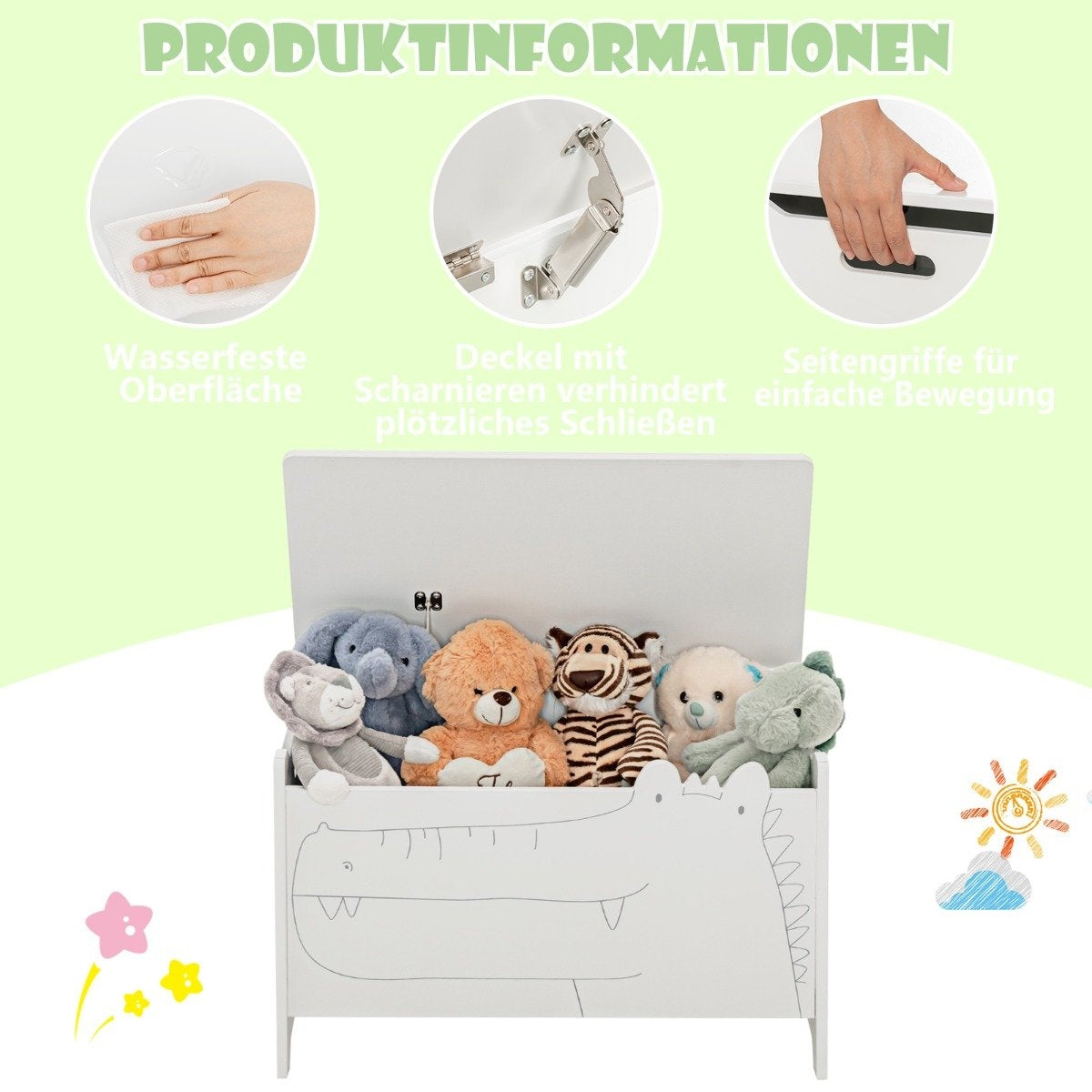 Toy box with safety hinge wooden chest for children white