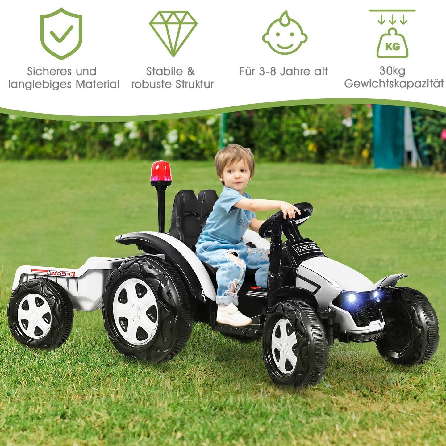 Toy tractor with trailer for children 12V ride-on tractor 151 x 68 x 70 cm white