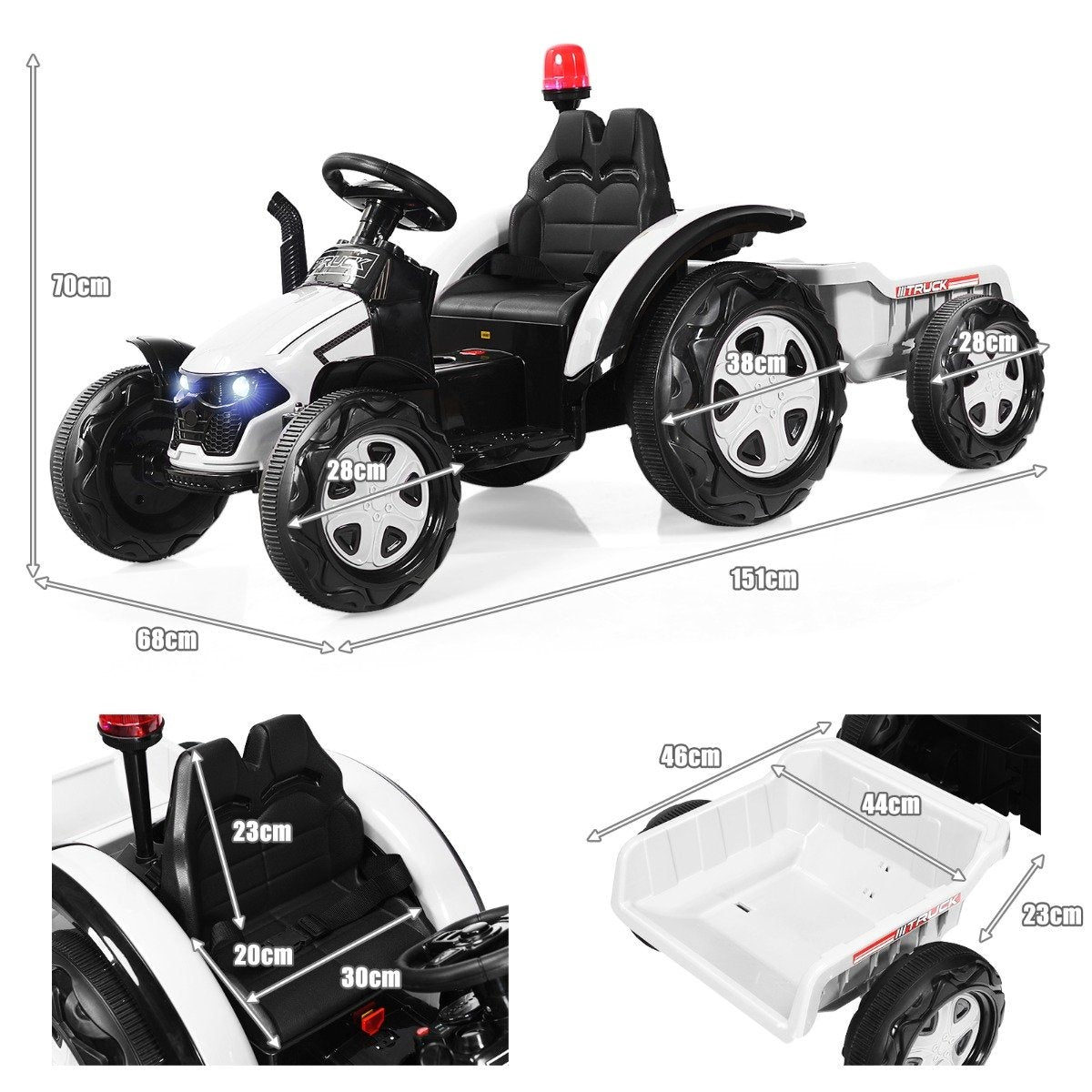 Toy tractor with trailer for children 12V ride-on tractor 151 x 68 x 70 cm white