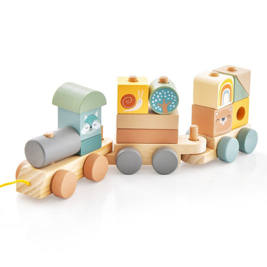 Toy train set with stackable wooden blocks cute animal patterns tow rope & hook connections