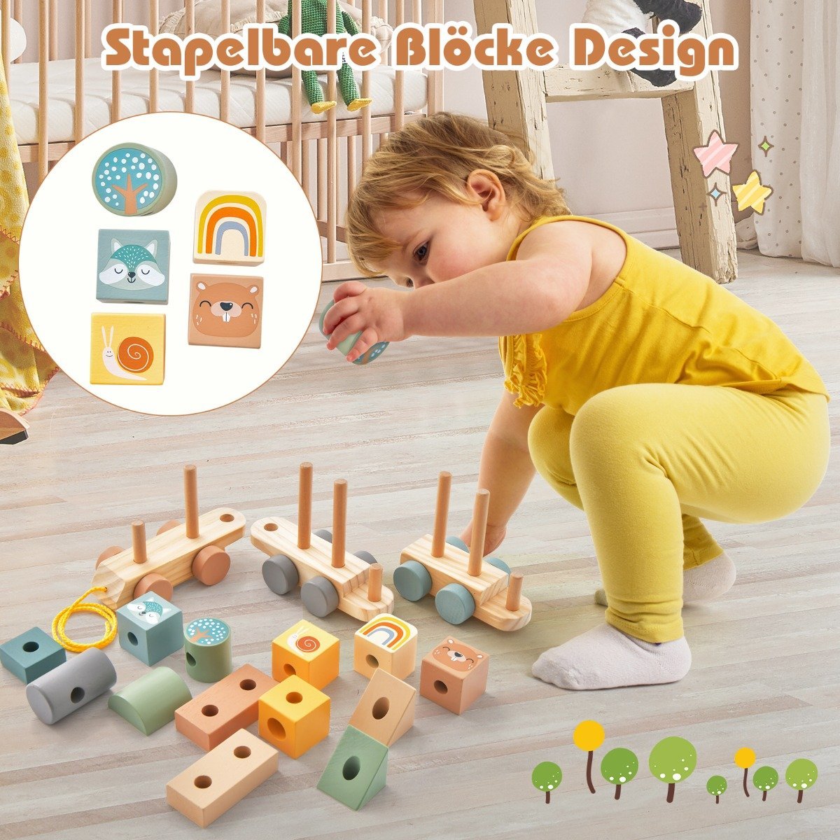 Toy train set with stackable wooden blocks cute animal patterns tow rope & hook connections