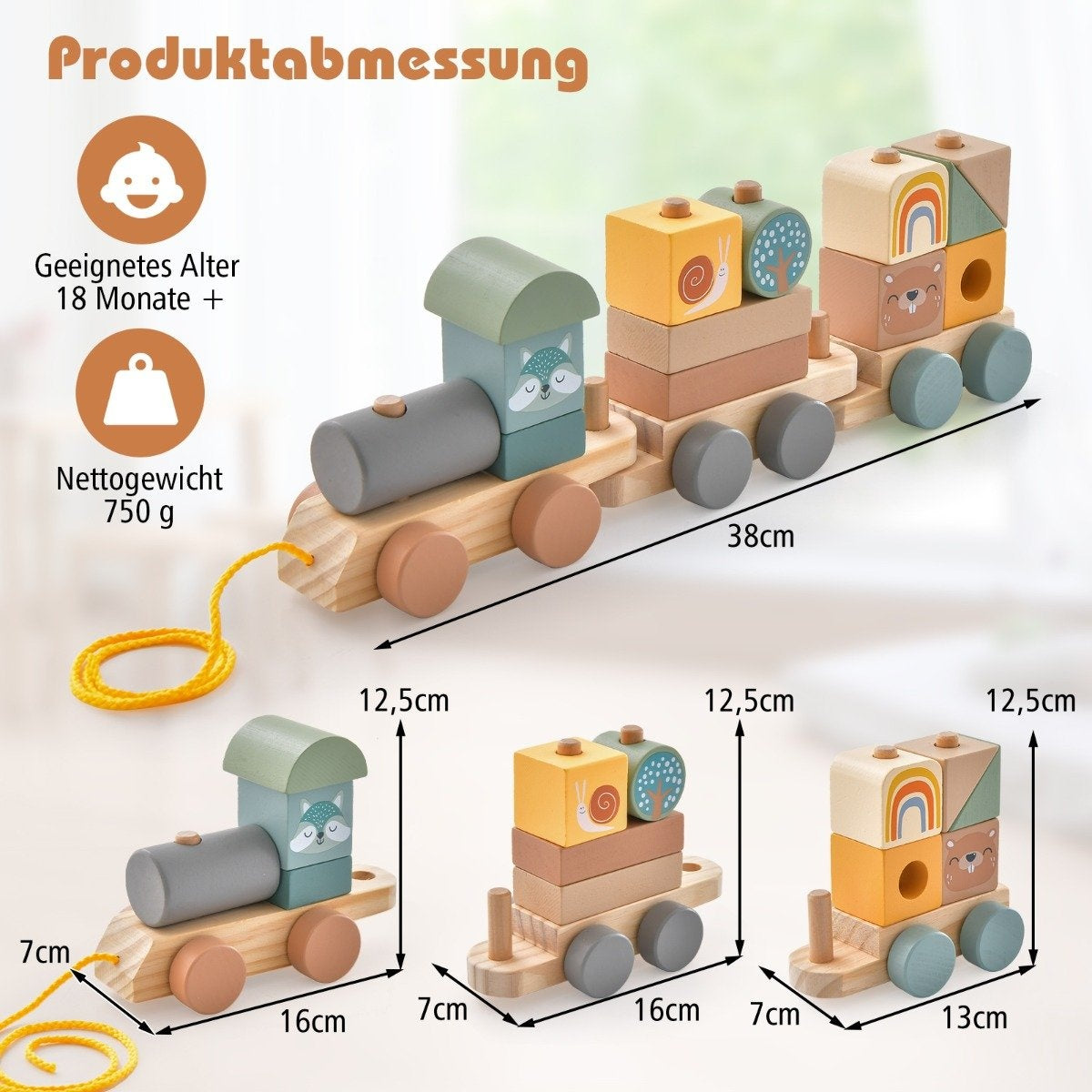 Toy train set with stackable wooden blocks cute animal patterns tow rope & hook connections