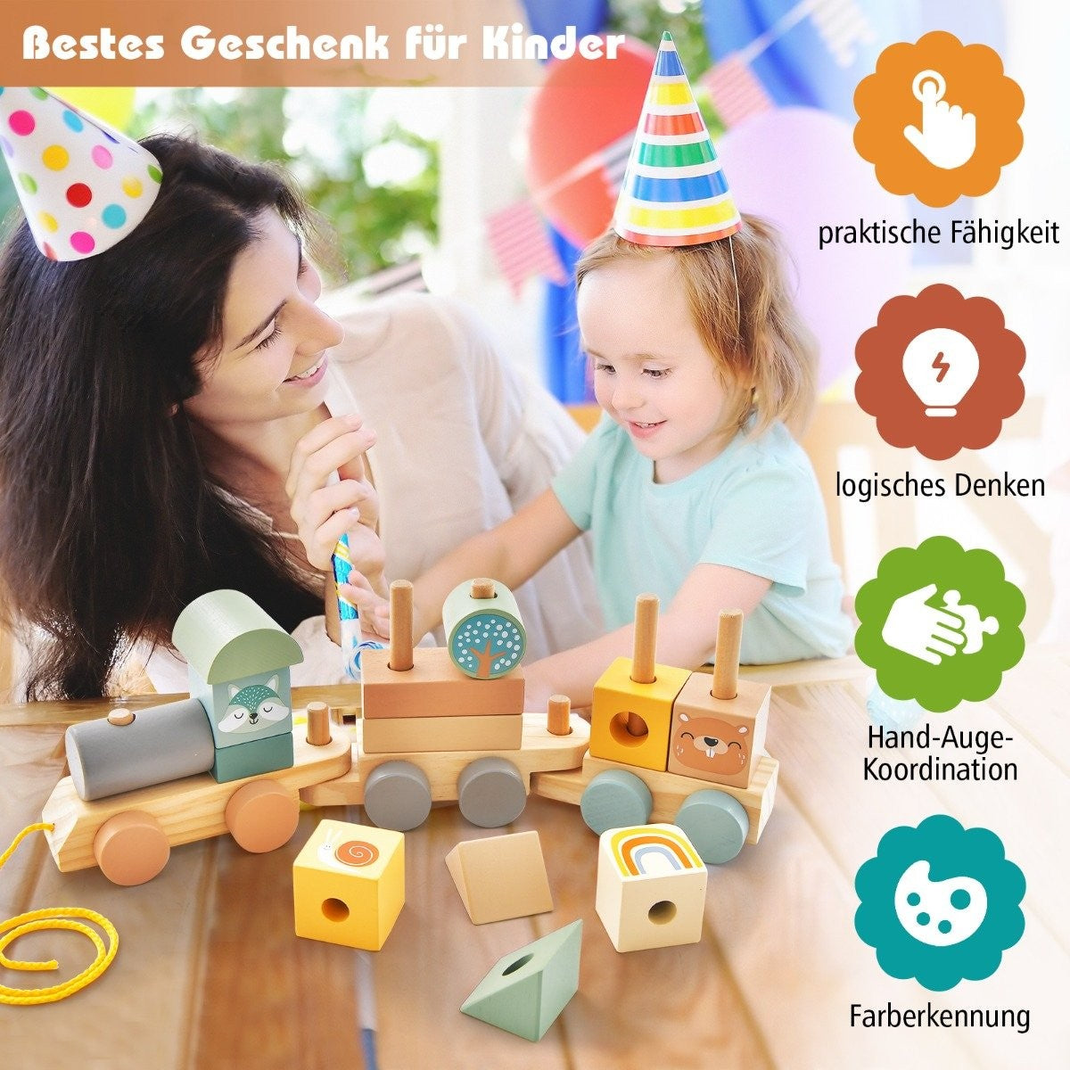 Toy train set with stackable wooden blocks cute animal patterns tow rope & hook connections