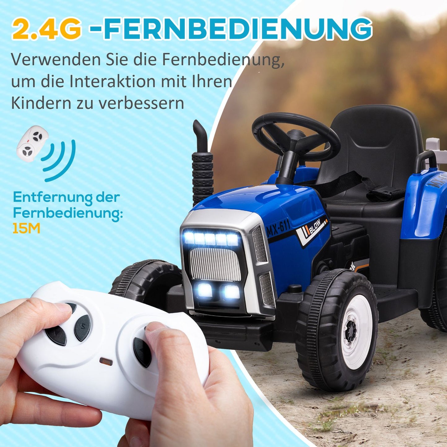 Ride-on tractor for children with remote control, MP3, headlights, blue