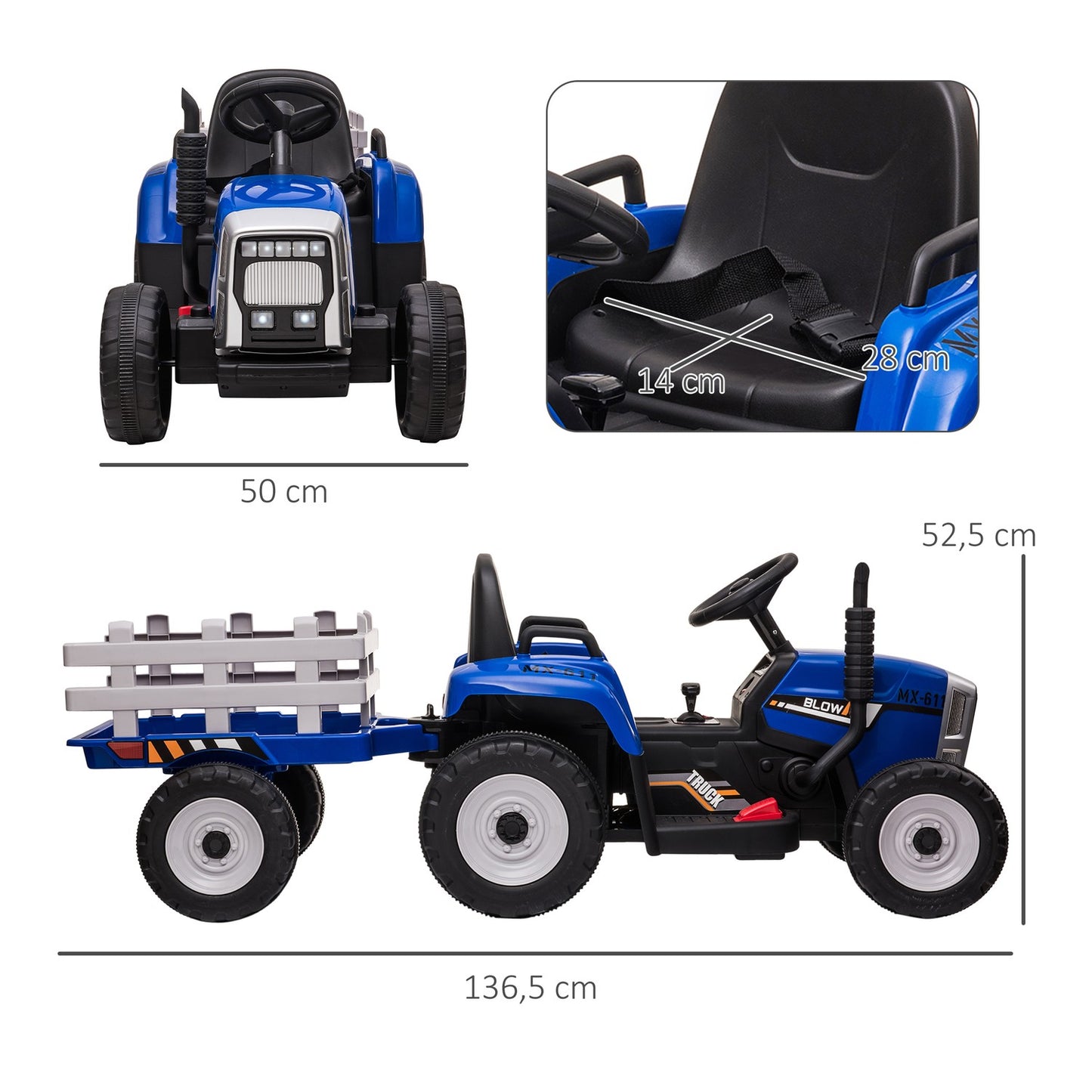 Ride-on tractor for children with remote control, MP3, headlights, blue