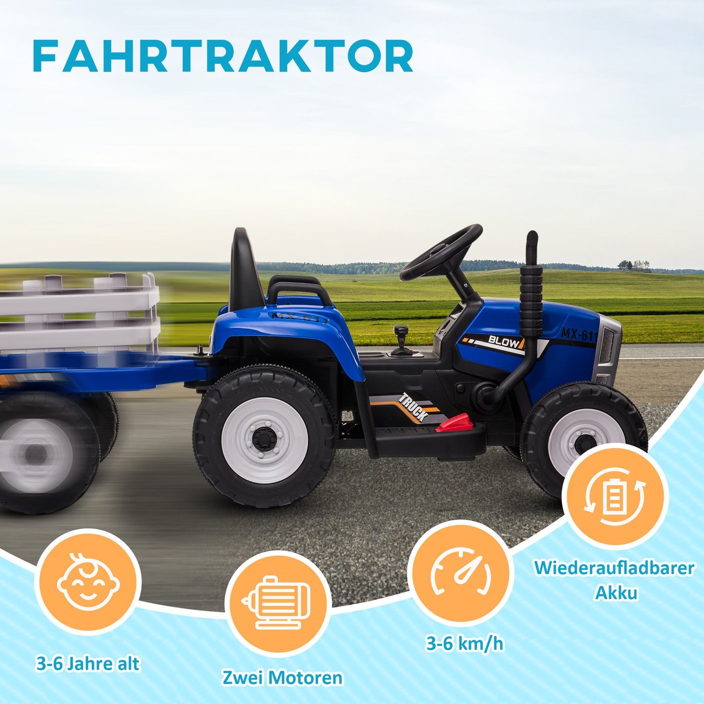Ride-on tractor for children with remote control, MP3, headlights, blue