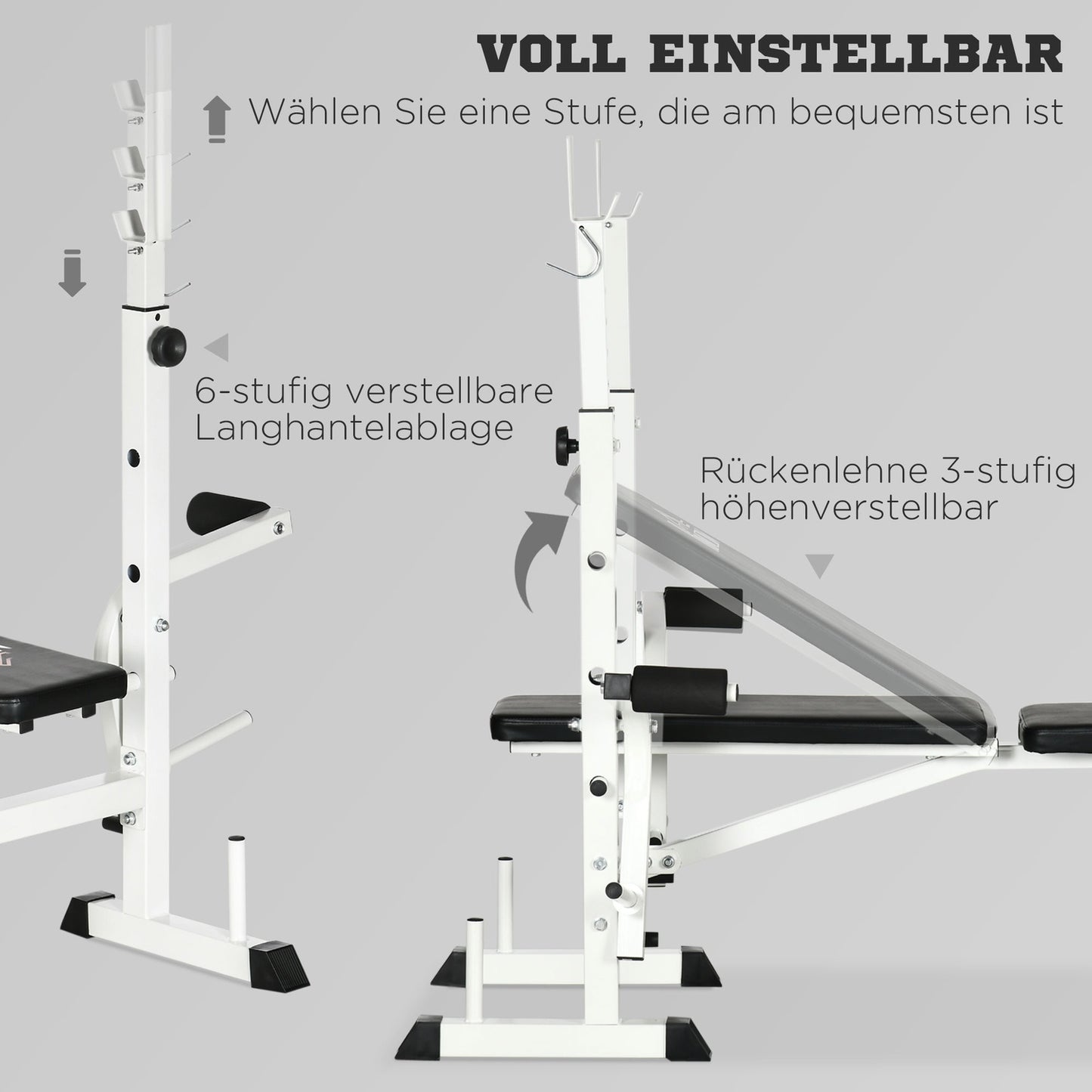 Weight bench with leg press & dumbbell, armrest, black and white
