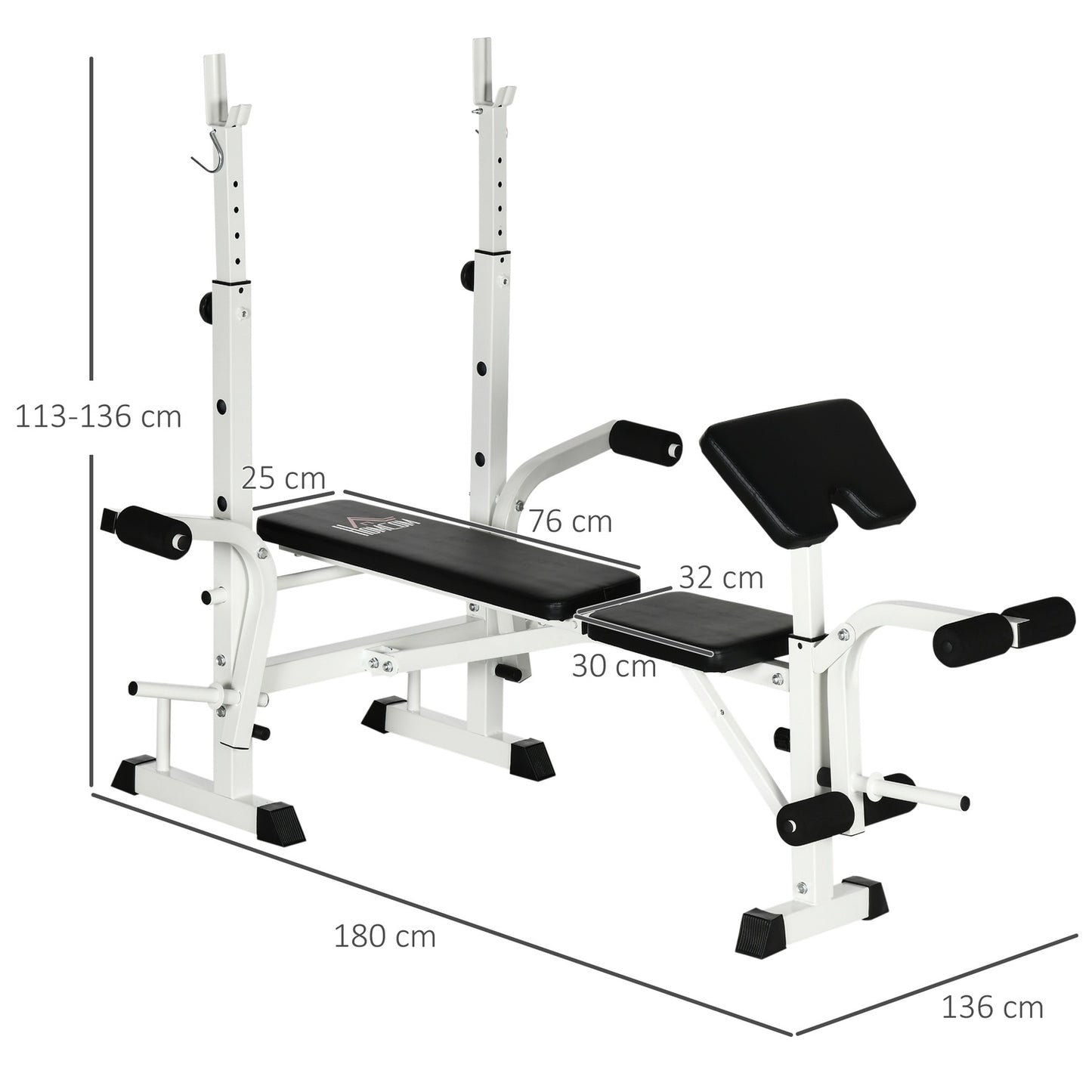 Weight bench with leg press & dumbbell, armrest, black and white