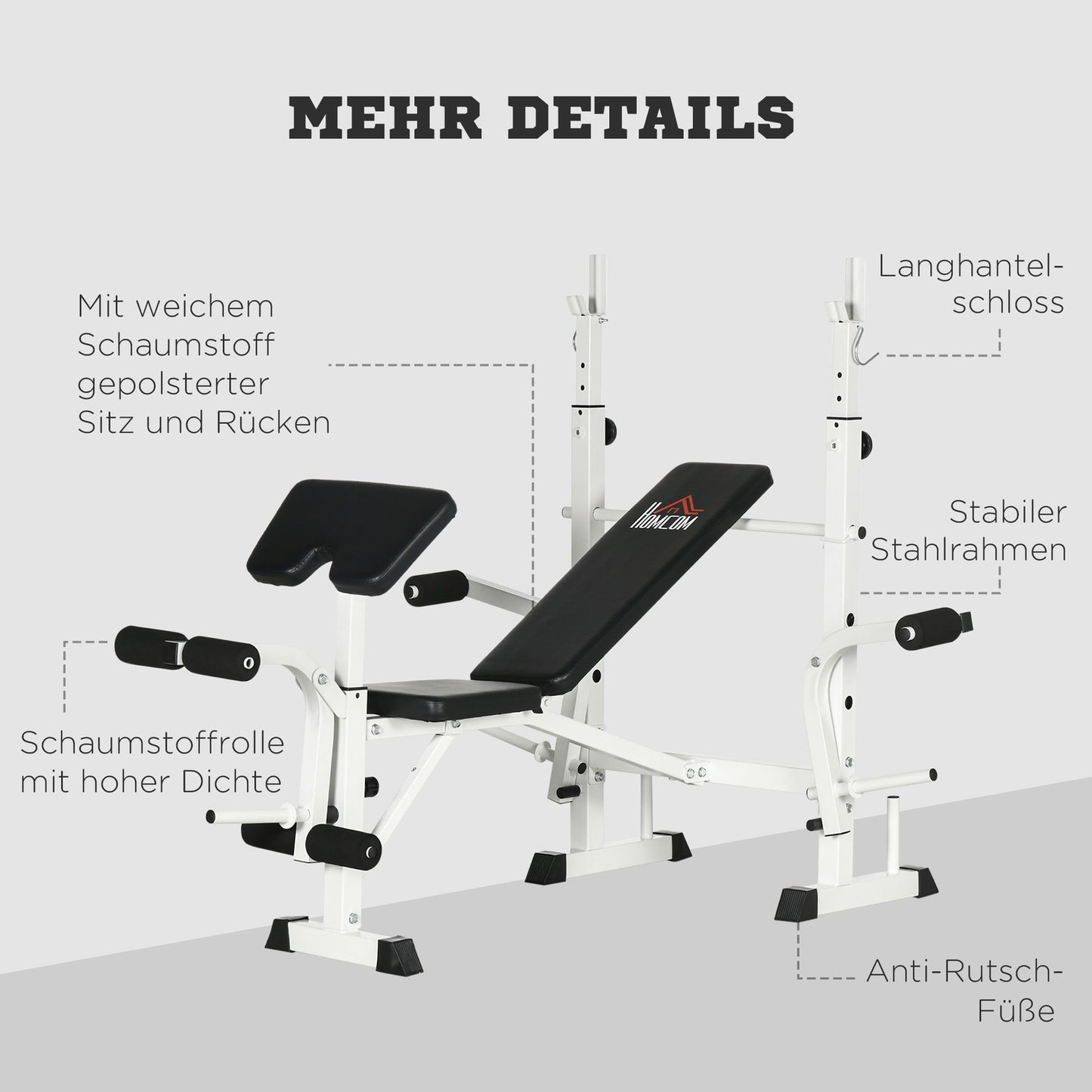 Weight bench with leg press & dumbbell, armrest, black and white