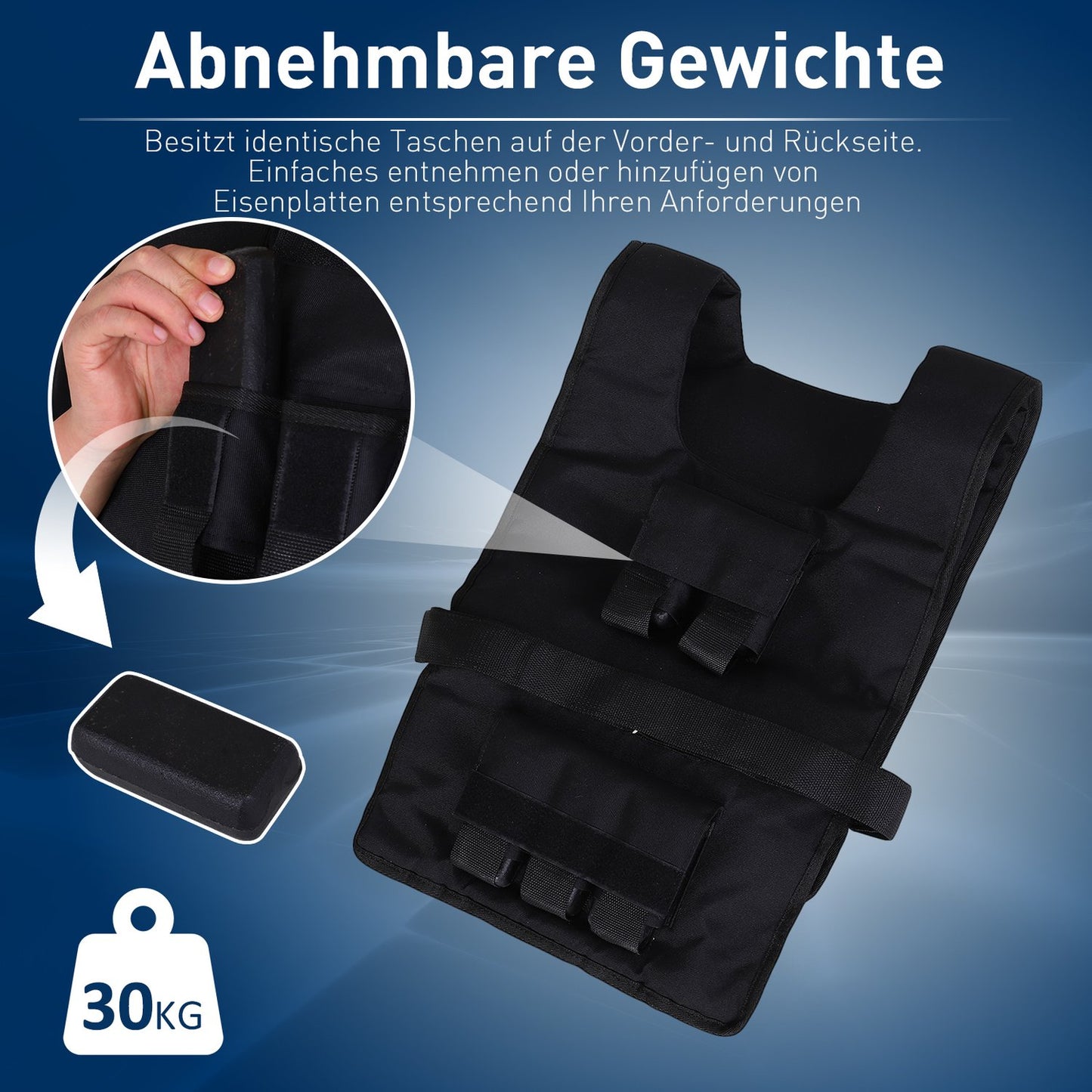 Adjustable 30 kg weight vest for strength training, black