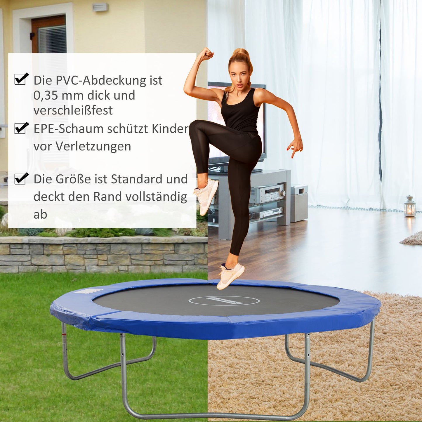 Trampoline accessory set with protective net and weather protection, blue