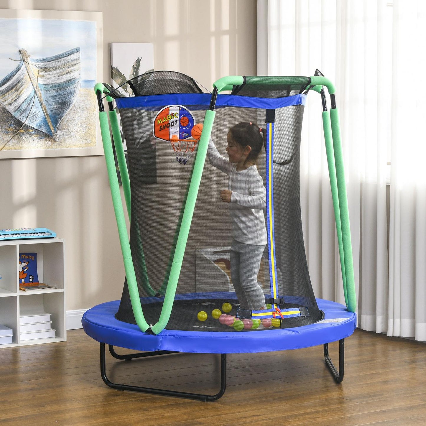 Children's trampoline with safety net & basketball hoop, 140 cm
