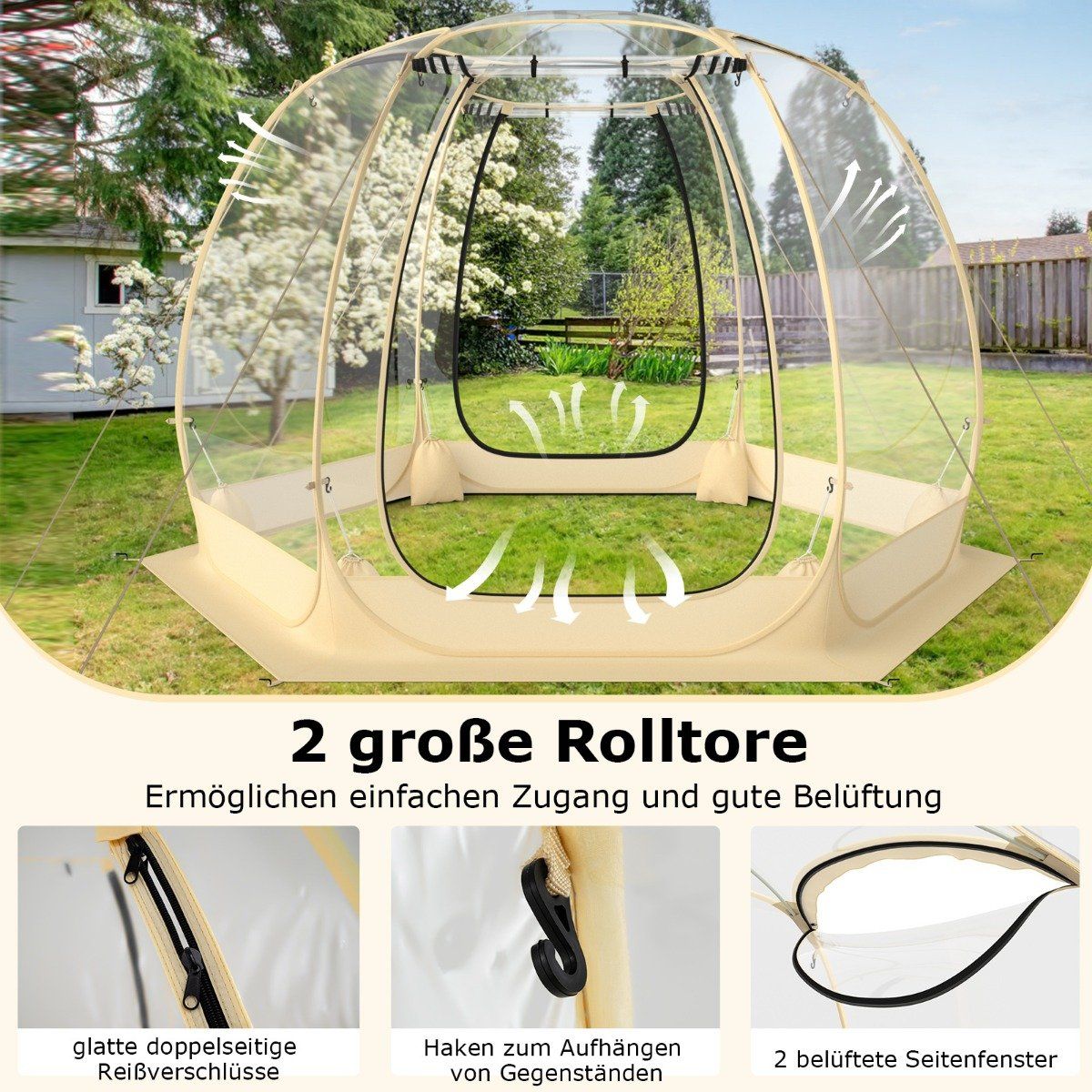Transparent tent pop up tent for 6-10 people with 2 large rolling doors foldable sports tent