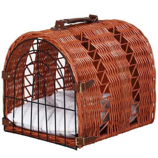 Pet transport basket, wicker with cushion and metal grid, brown