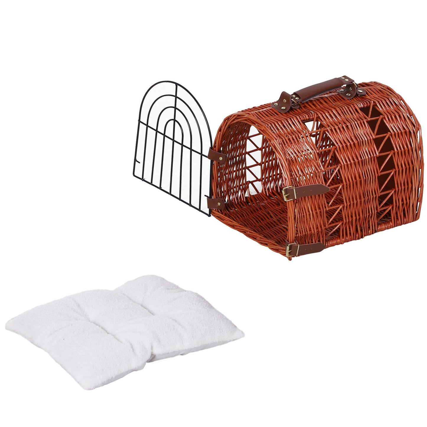 Pet transport basket, wicker with cushion and metal grid, brown
