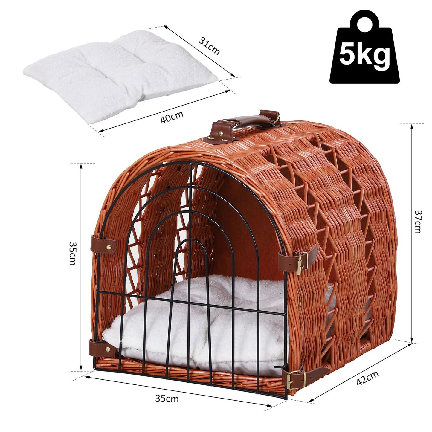 Pet transport basket, wicker with cushion and metal grid, brown