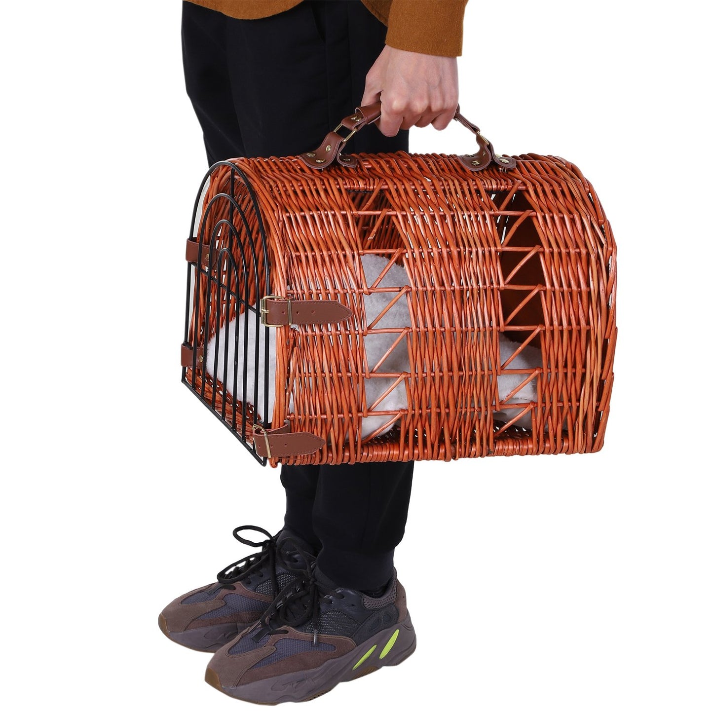 Pet transport basket, wicker with cushion and metal grid, brown