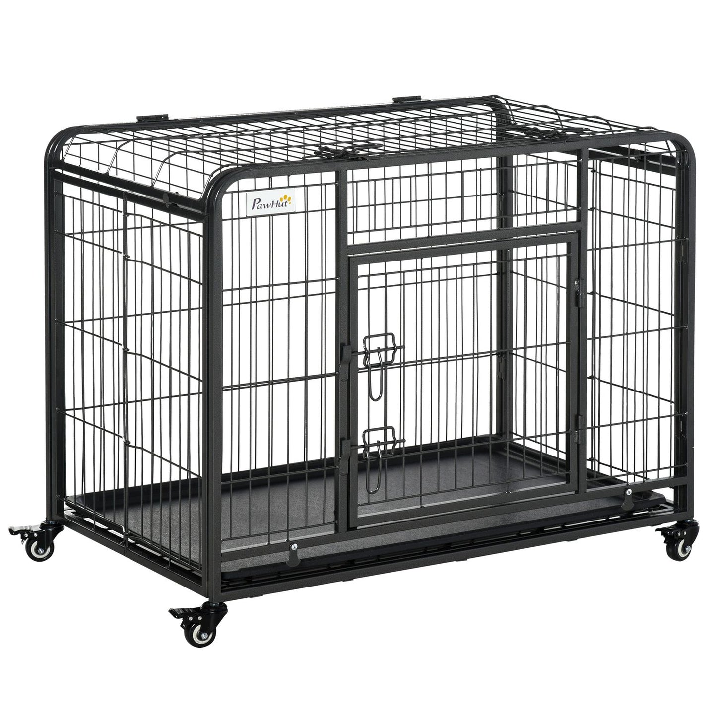 Folding metal cage for pet transport, wheels, lockable doors