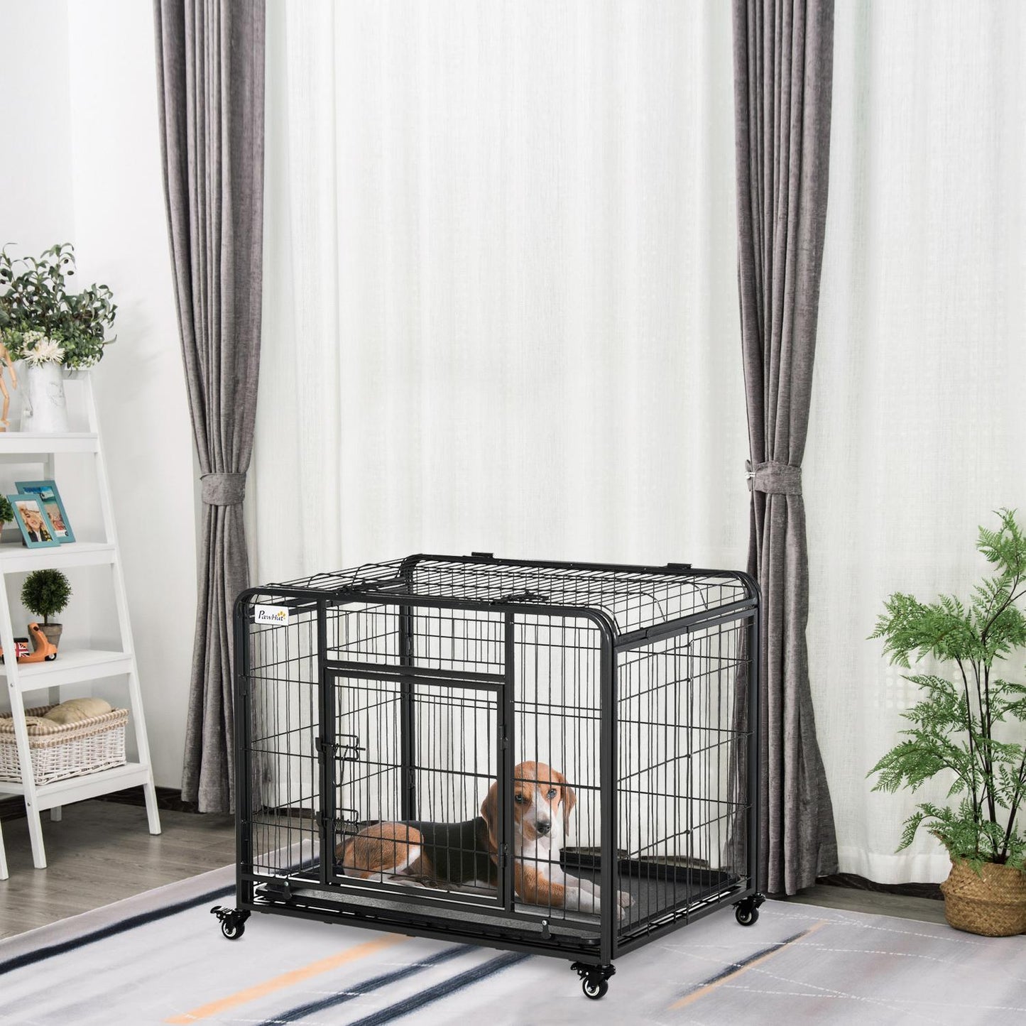 Folding metal cage for pet transport, wheels, lockable doors