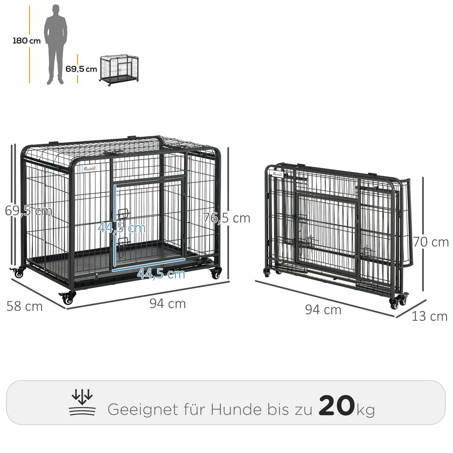 Folding metal cage for pet transport, wheels, lockable doors