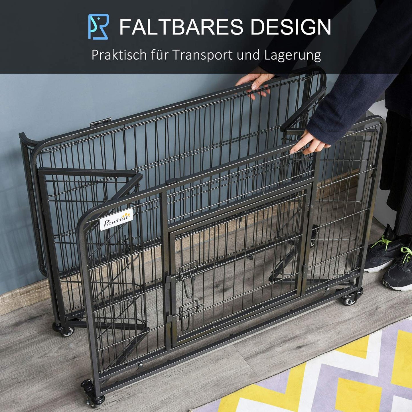 Folding metal cage for pet transport, wheels, lockable doors