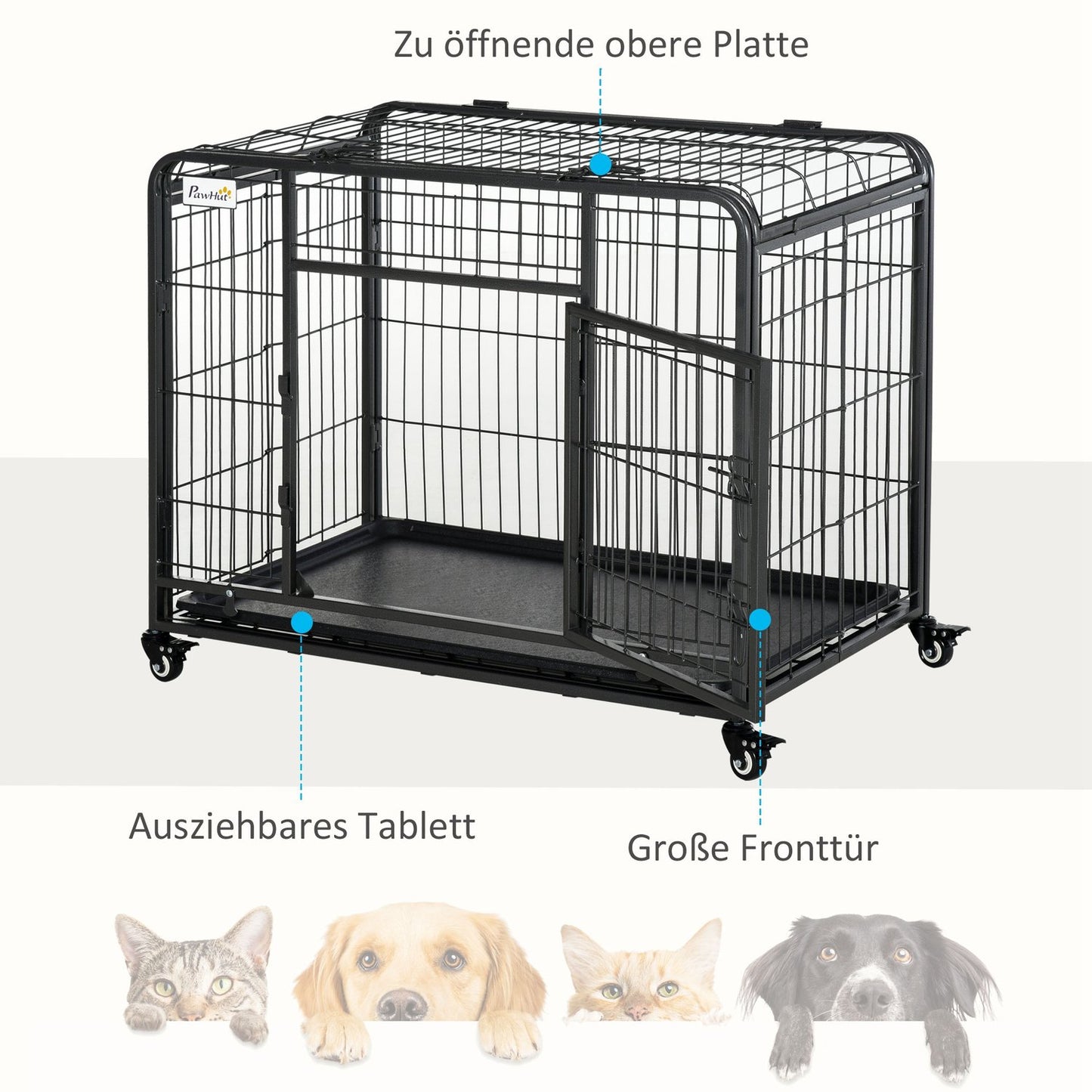 Folding metal cage for pet transport, wheels, lockable doors