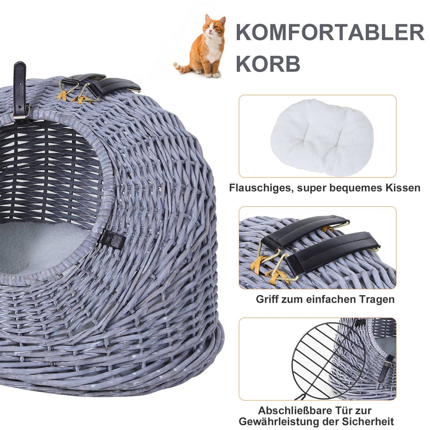 Wicker pet carrier - Grey, 47x35x35 cm