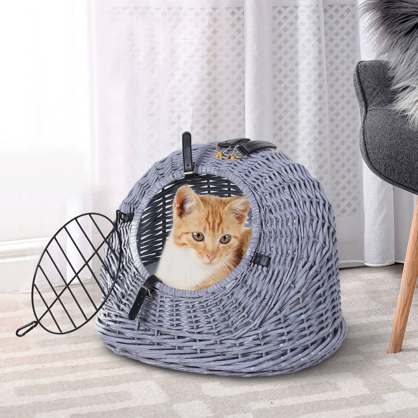 Wicker pet carrier - Grey, 47x35x35 cm
