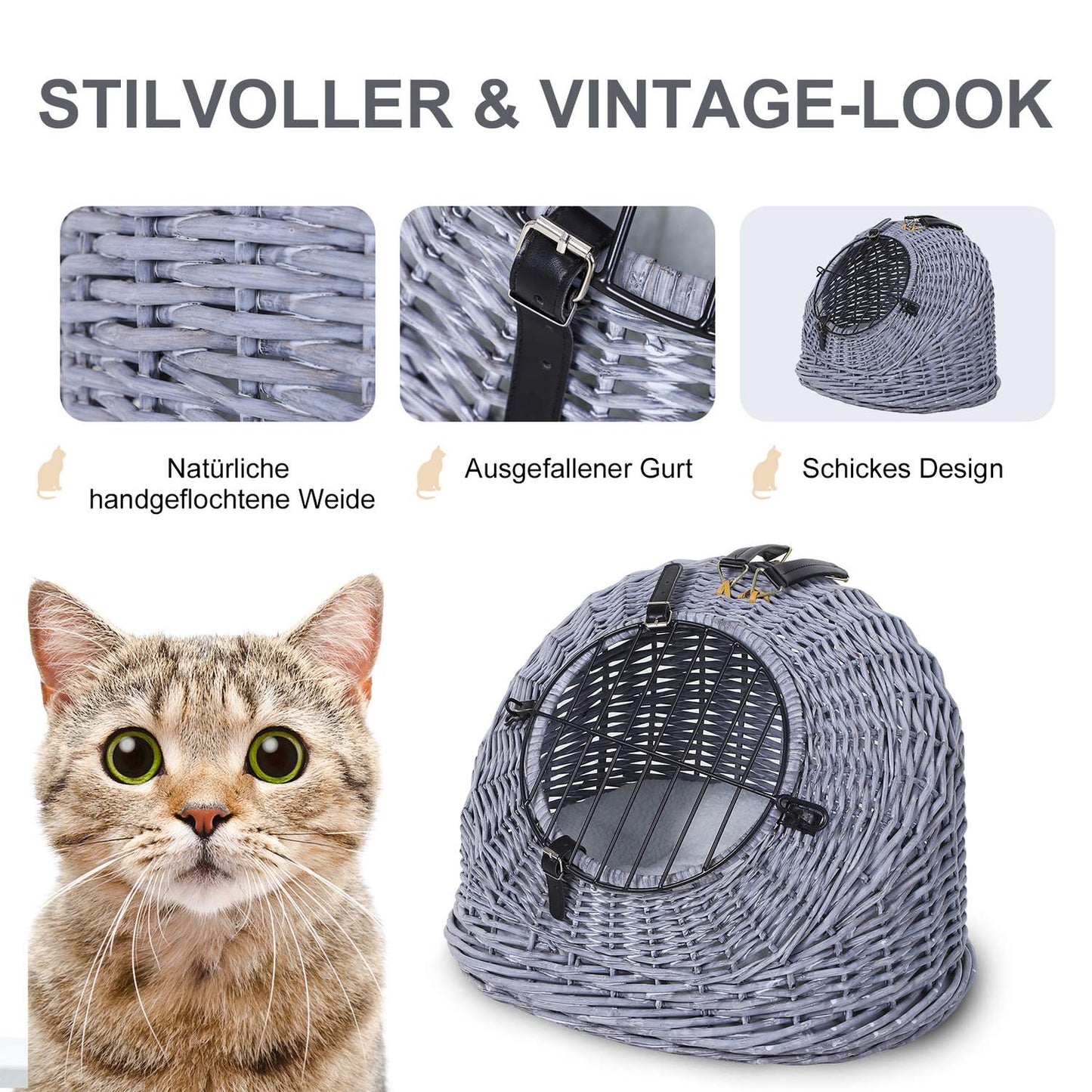 Wicker pet carrier - Grey, 47x35x35 cm