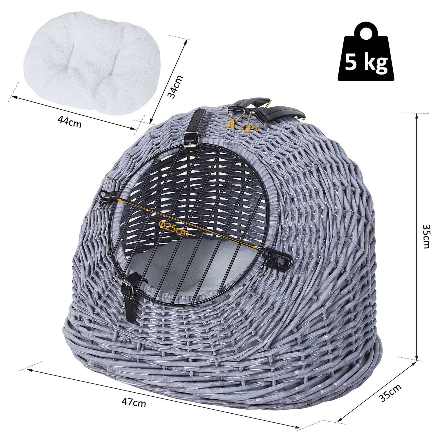Wicker pet carrier - Grey, 47x35x35 cm