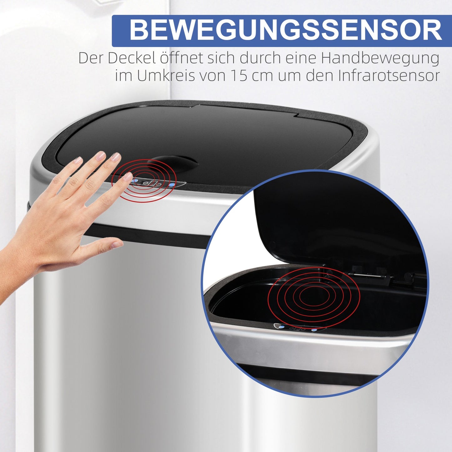 48L waste bin in stainless steel with infrared sensor, silver