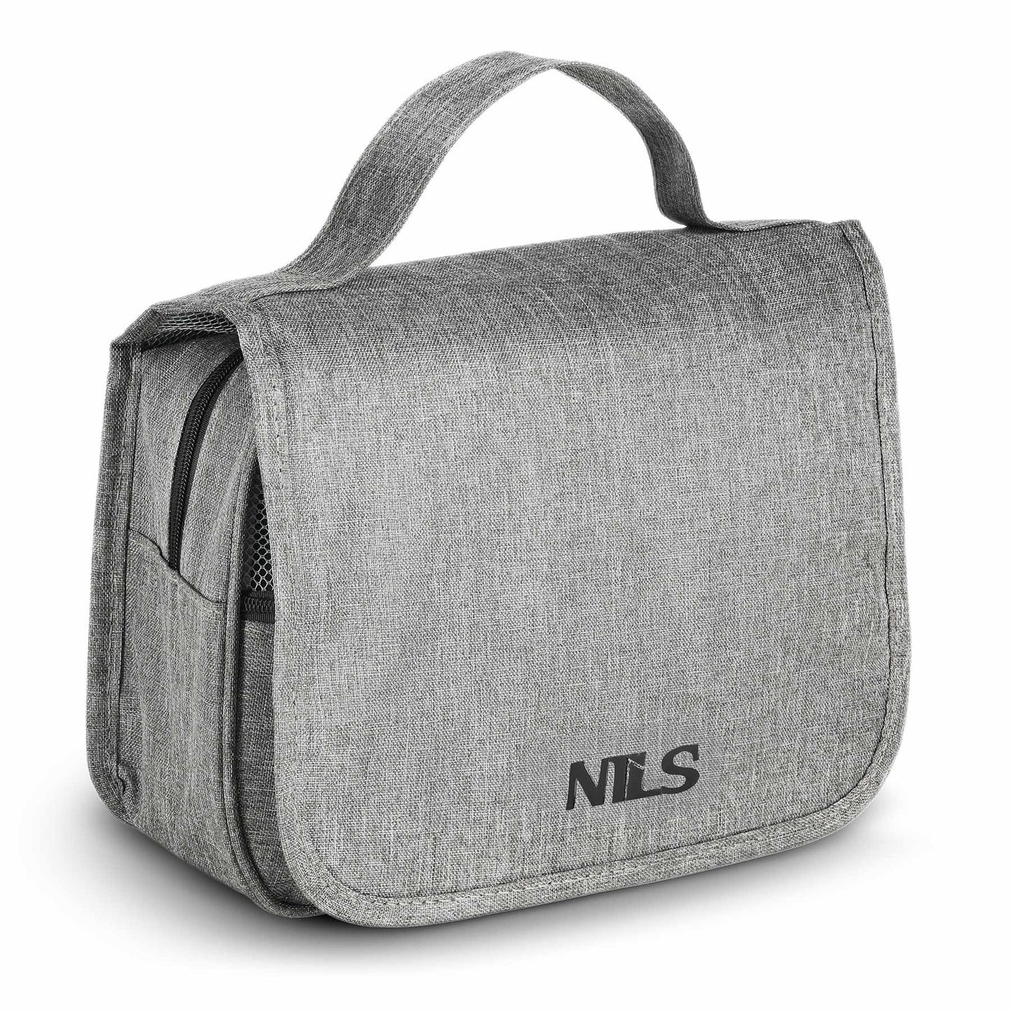 Travel Toiletry Bag, Gray Oxford, Hanging Hook, 4 Pockets