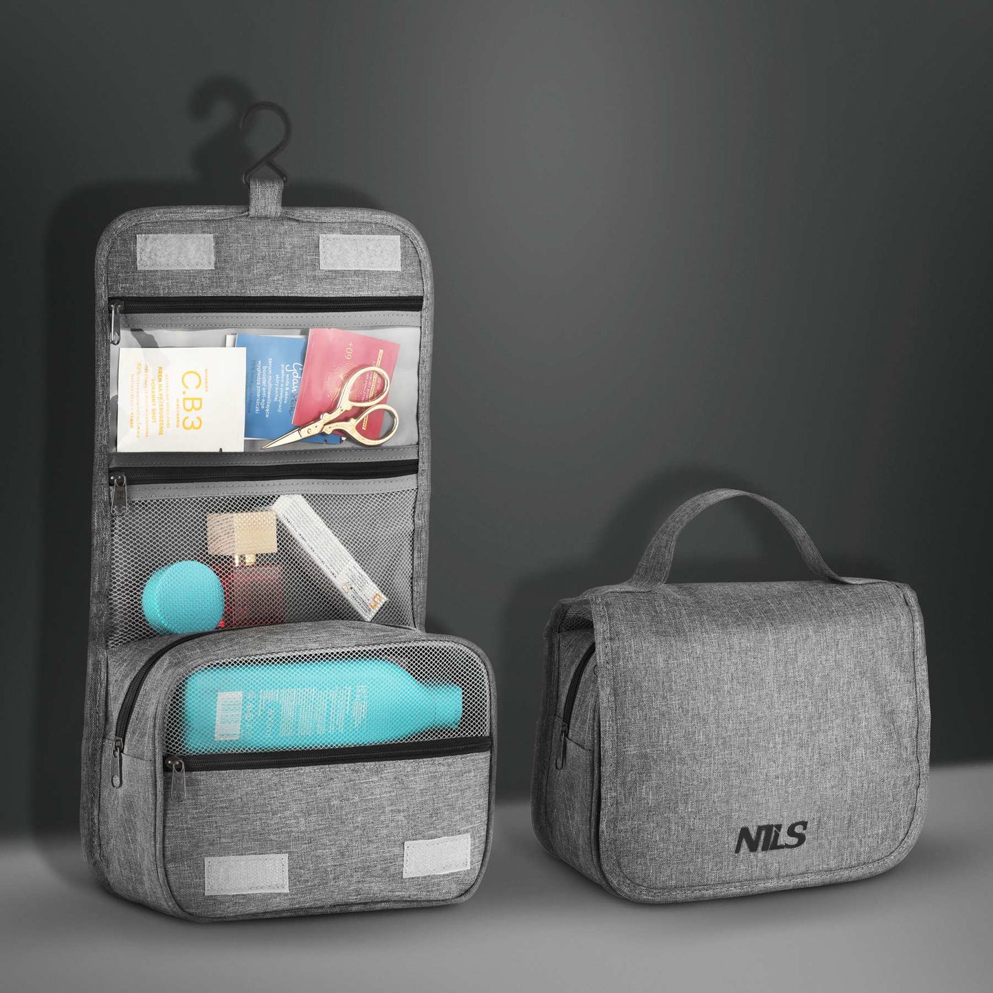 Travel Toiletry Bag, Gray Oxford, Hanging Hook, 4 Pockets