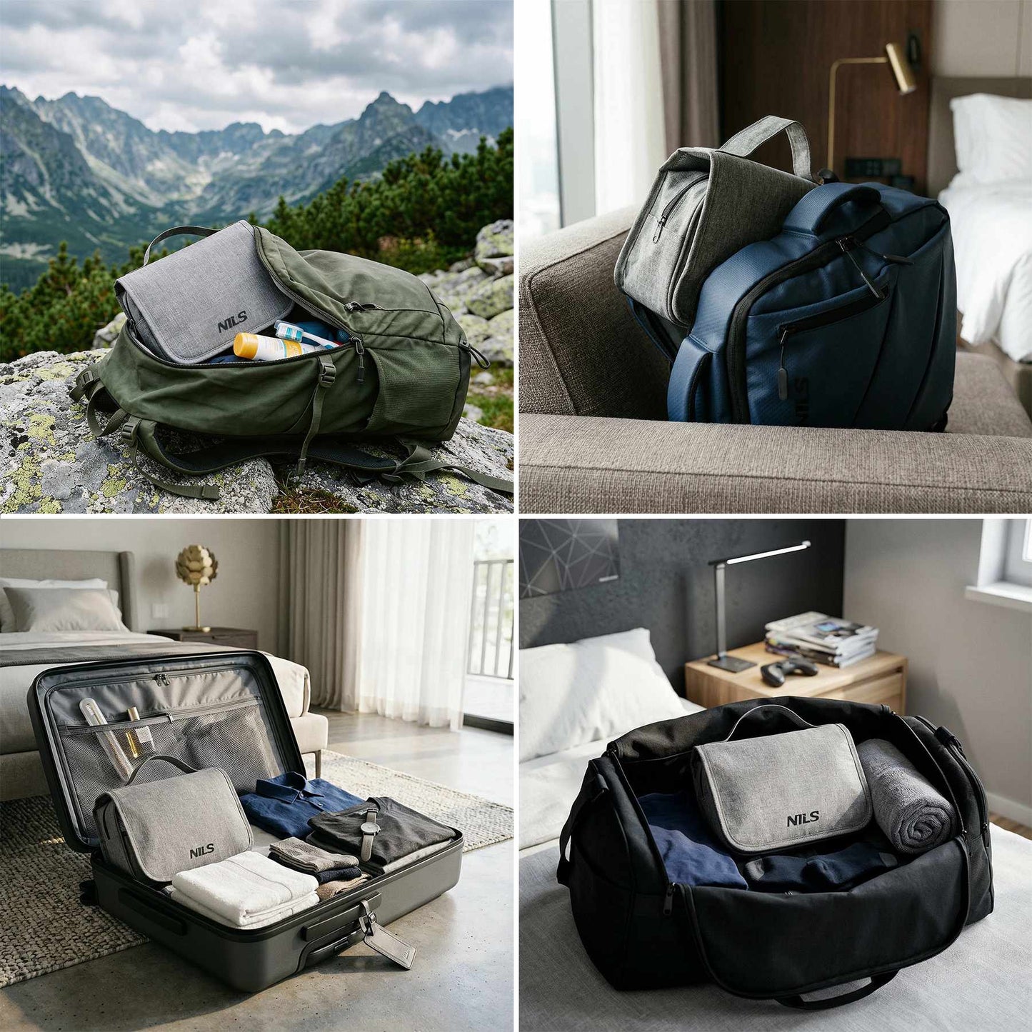 Travel Toiletry Bag, Gray Oxford, Hanging Hook, 4 Pockets