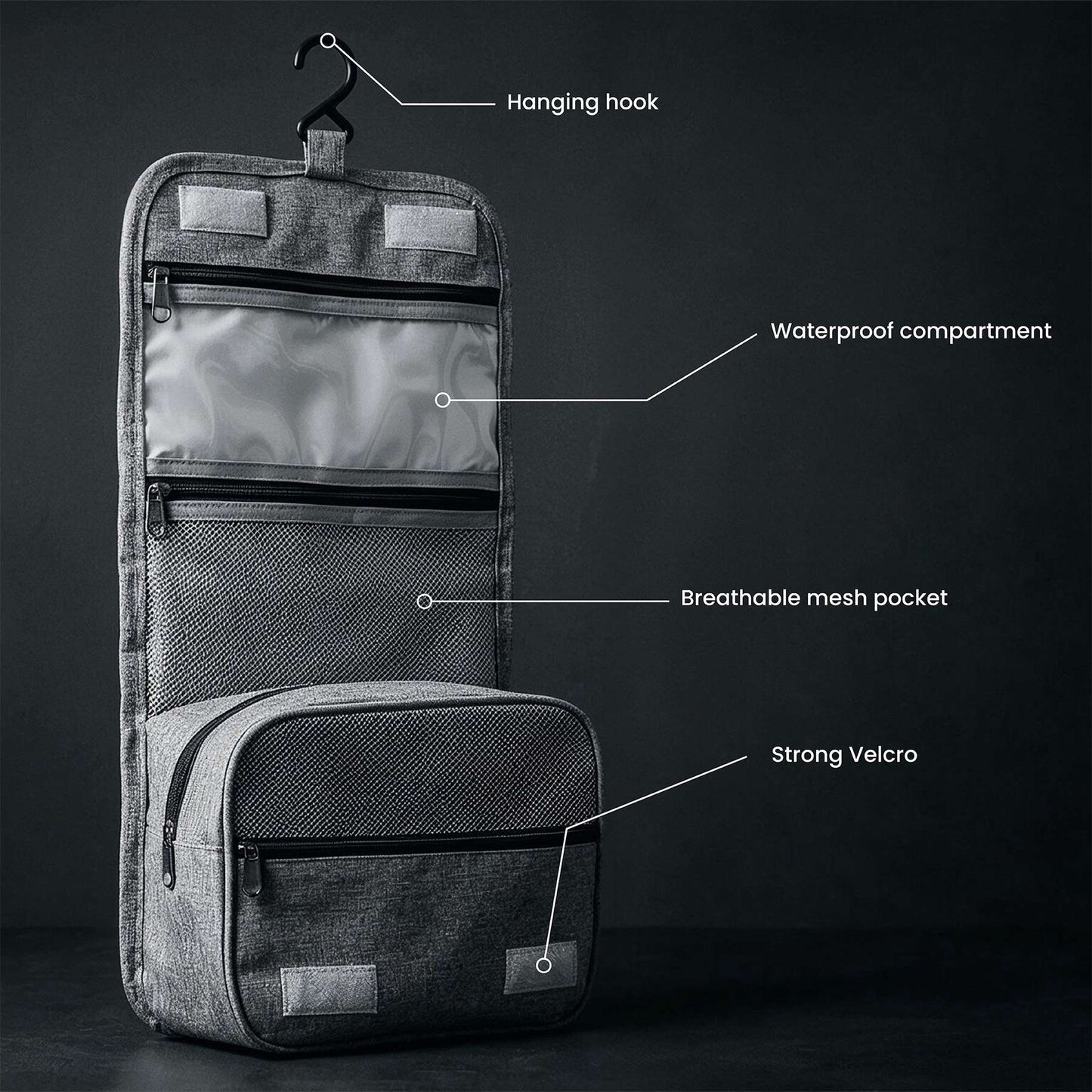 Travel Toiletry Bag, Gray Oxford, Hanging Hook, 4 Pockets