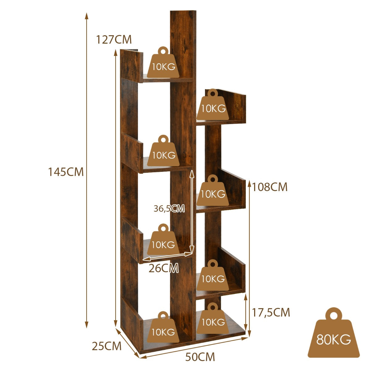 Tree Bookshelf with 8 Shelves, 50 x 25 x 145 cm