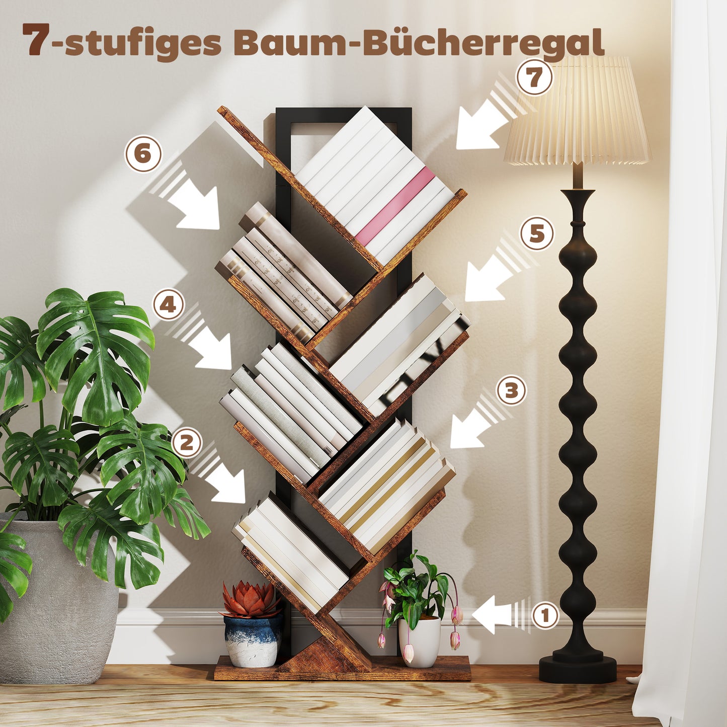 Tree-Shaped Bookshelf, 7-Tier, Rustic Brown, Space-Saving