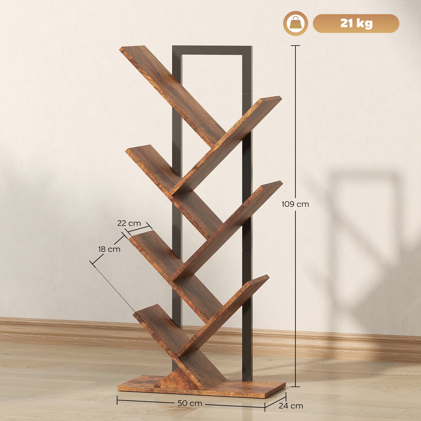 Tree-Shaped Bookshelf, 7-Tier, Rustic Brown, Space-Saving